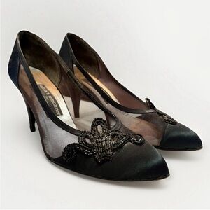 Stuart Weitzman Black Mesh & Satin Beaded Dress Shoes - Size 8